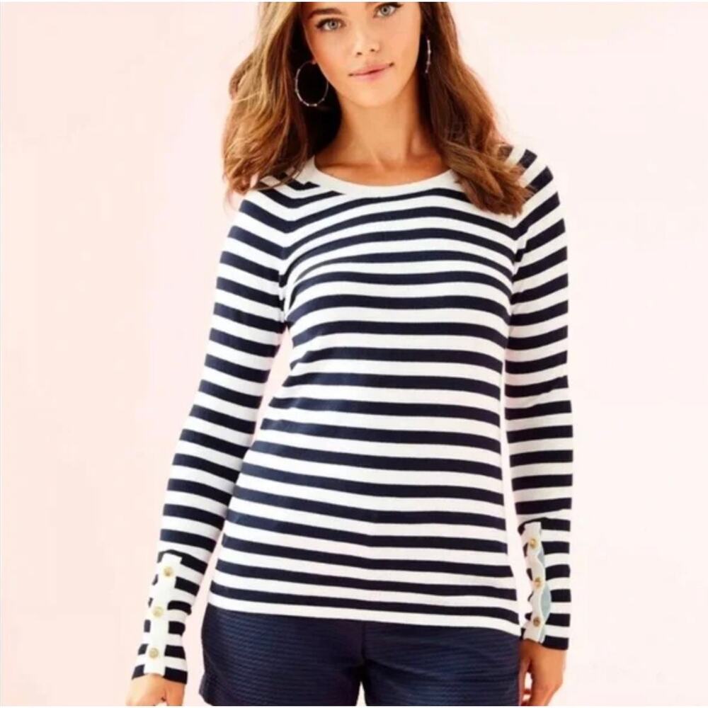 Lilly Pulitzer Dinah Sweater Navy White Striped Size Large Preppy Nautical‎